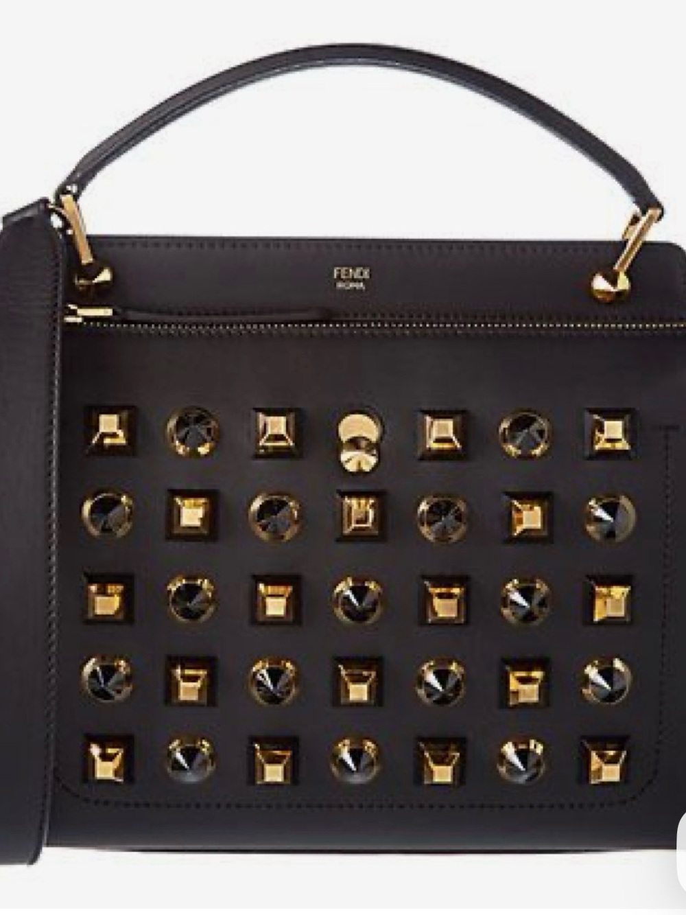 Auth Fendi Dotcom Black Leather Studded Top-Handle Bag